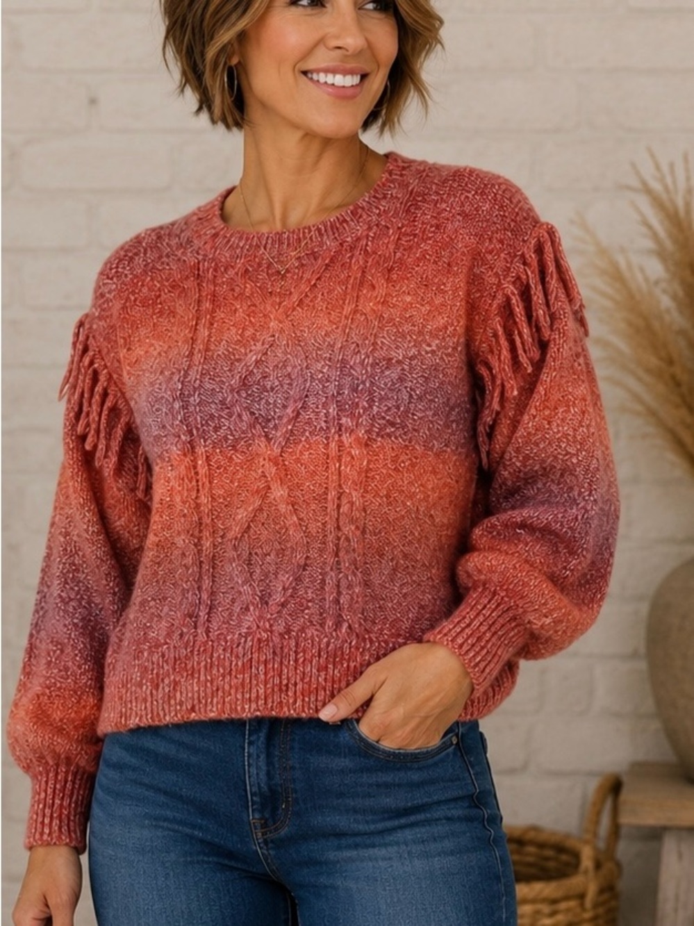 Frye & Co Multicolored Wool Sweater Red Orange pink fringe sleeve Size Medium